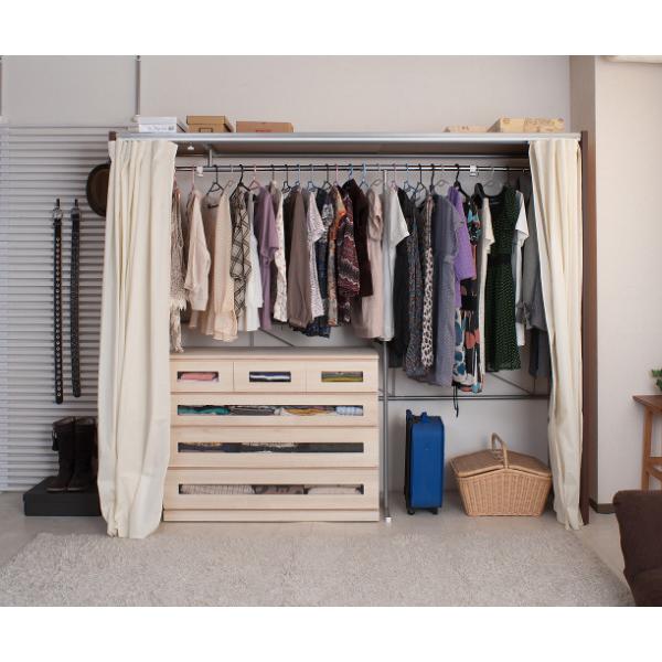 ハンガーラック 大収納 カーテン付き パイプハンガー 伸縮 突っ張り 状態良 伸縮クローゼット 最大幅305cm ハンガーラック カーテン付き 日本製