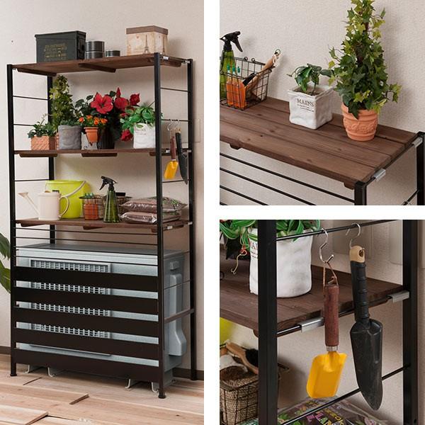 鉄製 室外機 カバー ラック 作業台 棚 受注生産 室外機カバー ラック付 ハイタイプ 古木調天板 スチールフレーム 幅