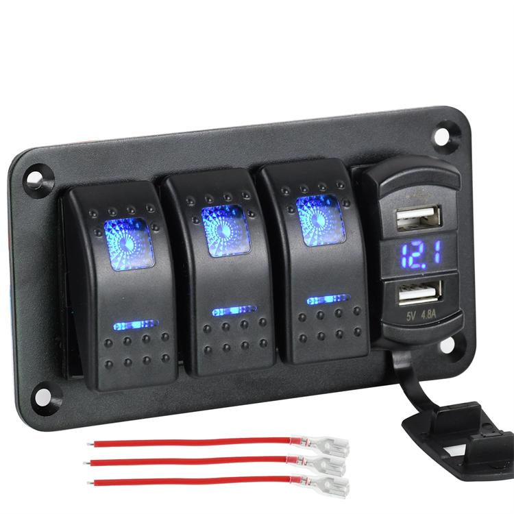 スイッチパネル 3連 防水 ボートスイッチ 車 船 LED電圧計付き