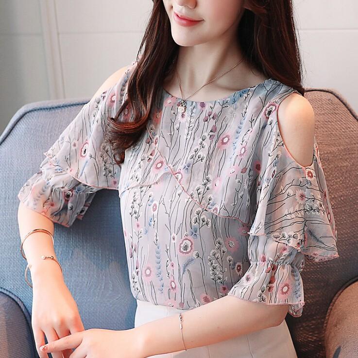 ブラウス レディース オシャレ 上品 花柄 シャツ 肩出し トップス 夏 シフォン ブラウス 可愛い 韓国風 オフィス ビジネス 40代 着痩せ Lnbc039 Lizstore 通販 Yahoo ショッピング