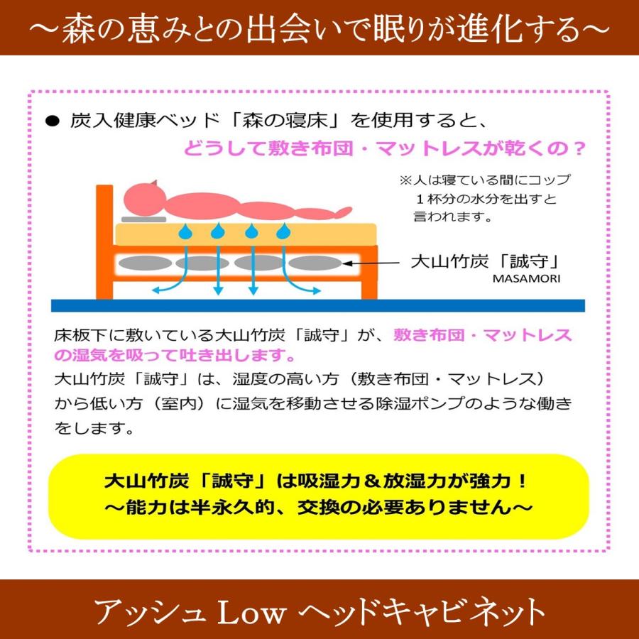 森の寝床 アッシュLow ヘッドキャビネット セミダブル すのこベッド 布団用 竹炭入り健康ベッド 無垢材フレーム 除湿・調湿効果 半永久使用 カビ・ダニ対策 |  | 14