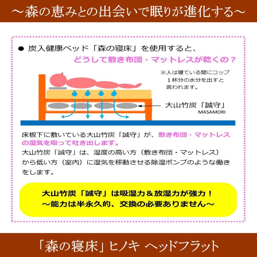 森の寝床 ヒノキ ヘッドフラット シングル すのこベッド 布団用 竹炭入り健康ベッド 無垢材フレーム 除湿・調湿効果 半永久使用 カビ・ダニ対策 |  | 17