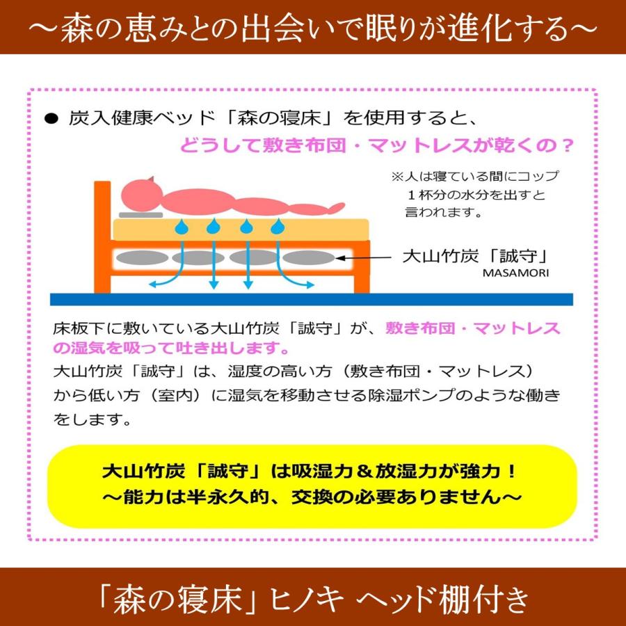 森の寝床 ヒノキ ヘッド棚付き セミダブル すのこベッド 布団用 竹炭入り健康ベッド 無垢材フレーム 除湿・調湿効果 半永久使用 カビ・ダニ対策 |  | 17