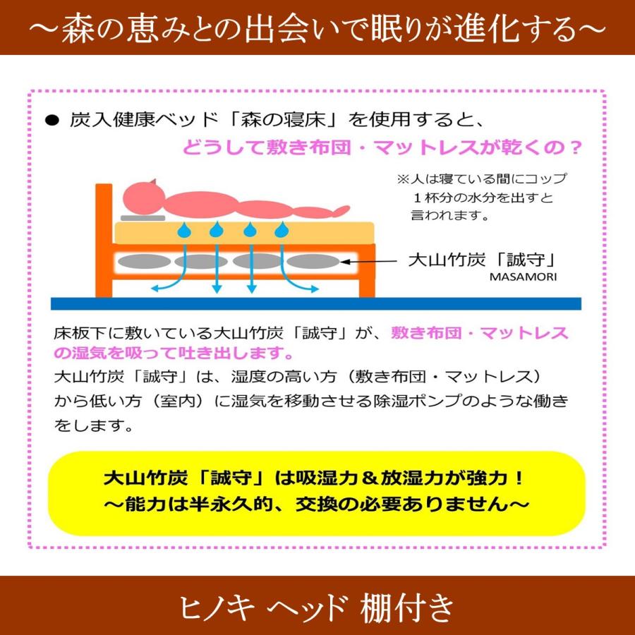 森の寝床 ヒノキ ヘッド棚付き ダブル すのこベッド 布団用 竹炭入り健康ベッド 無垢材フレーム 除湿・調湿効果 半永久使用 カビ・ダニ対策 |  | 18