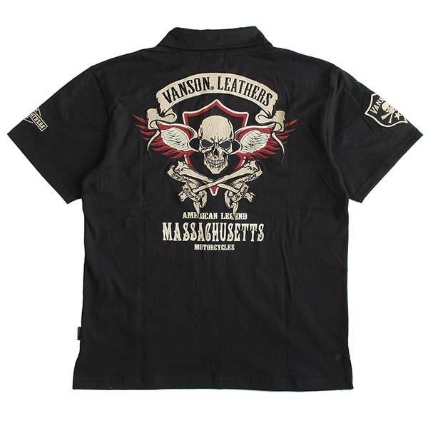 （4）VANSON ストライプ ポロシャツ VANSON ポロシャツ 半袖 メンズ バンソン スカル 刺繍 : LL