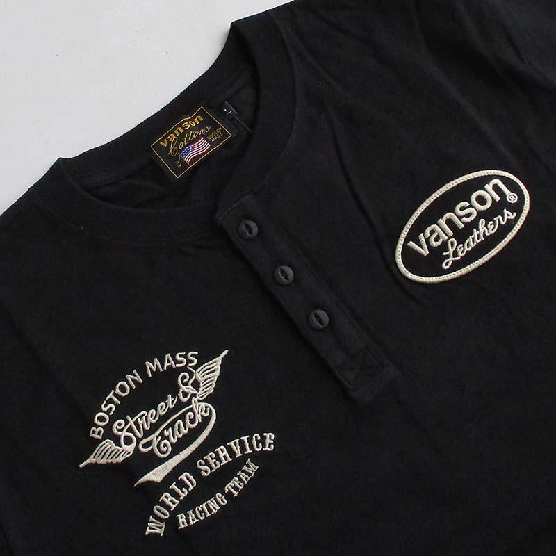 VANSON（バンソン） メンズ ヘンリーネック 半袖Tシャツ チェーン刺繍
