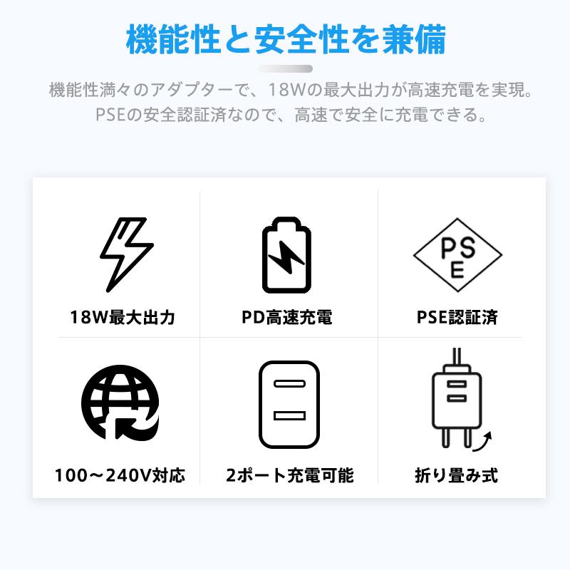 ACアダプター iPhone14 PD 急速充電器 18W Quick Charge 3.0 100