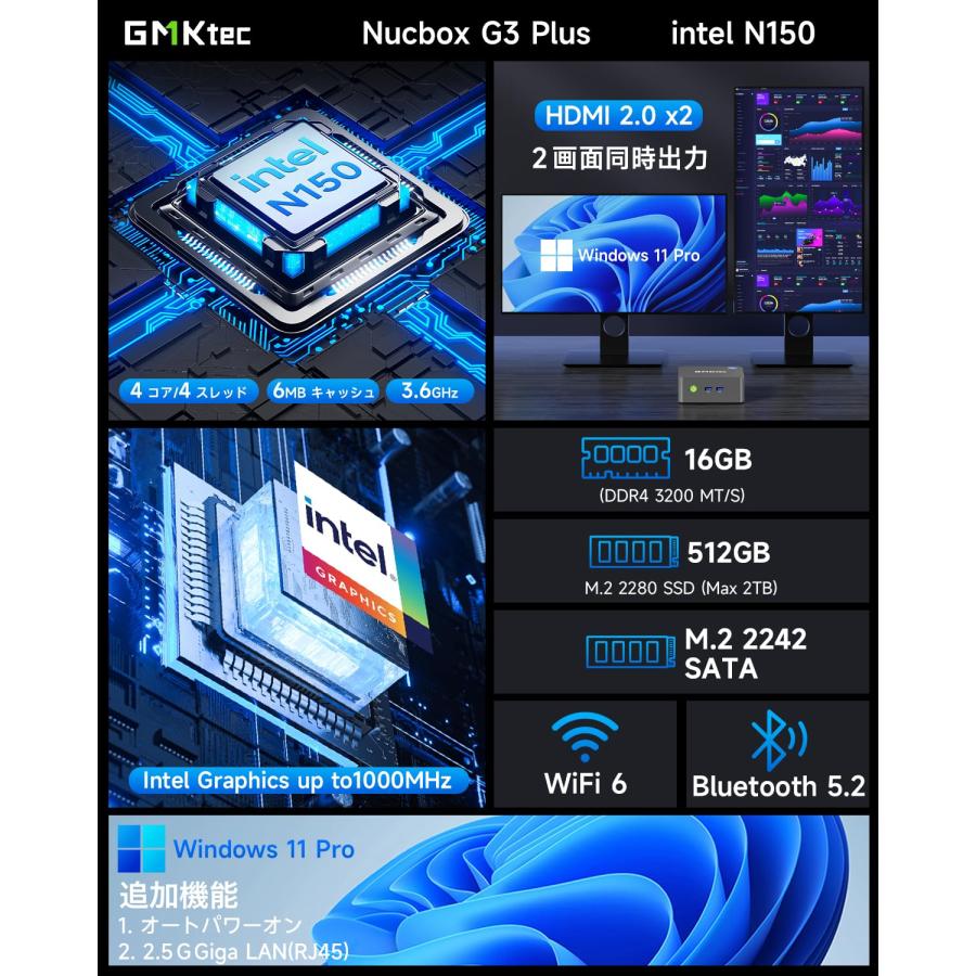 ミニPC第12世代インテルAlderTwin-N150 Windows11Pro Amazon.co.jp: GMKtec ミニpc 最新第12世代インテルAlder Twin