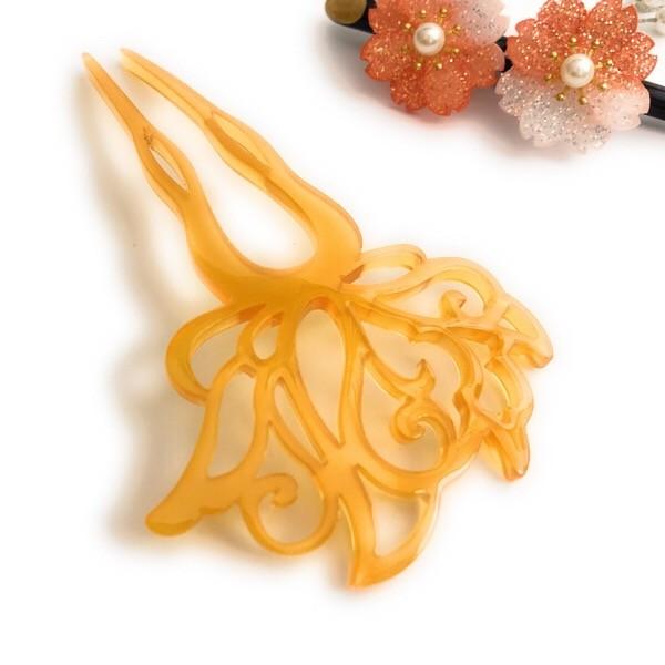 贈呈 かんざし 髪飾り バチ型 透かし 二本挿し 花 べっ甲風 鼈甲風 簪