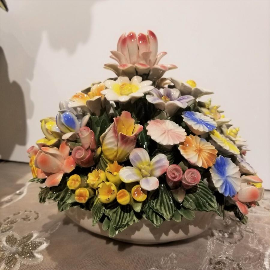 【コレクター必見！】イタリア製 陶花付き バスケット 花 陶器製 置き物 飾り コレクター必見！】イタリア製 陶花付き バスケット 花 陶器製