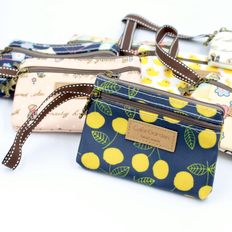 ポーチ ダブルファスナー ストラップ マチなし 軽い 可愛い 動物柄  