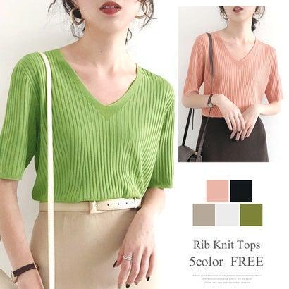 アミュレット Amulet リブニットトップスvネック カジュアル きれいめ オフィス ファッション 半袖 レディース ピンク ブランド公式 Locomall ロコモール 通販 Paypayモール