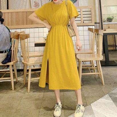 アミュレット Amulet ウエストギャザーtシャツワンピース 半袖 レディース ワンピース 無地 スリット シンプル マスタード Aew ブランド公式 Locomall ロコモール 通販 Yahoo ショッピング