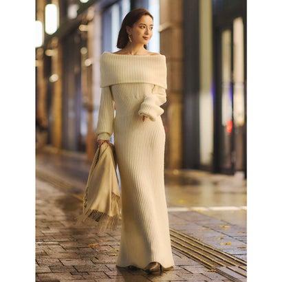 anuans ワンピース anuans アニュアンス オフショルダーニットワンピース （IVORY