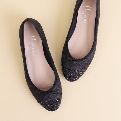 DIANA リボン付き黒ラメフラットシューズ ダイアナ DIANA グリッター