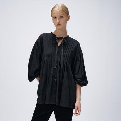 カネコイサオ 綿ローン ピコフリル ピンタック リボン オーバーブラウス 黒 カネコイサオ 綿ローン ピコフリル ピンタック リボン オーバーブラウス 黒