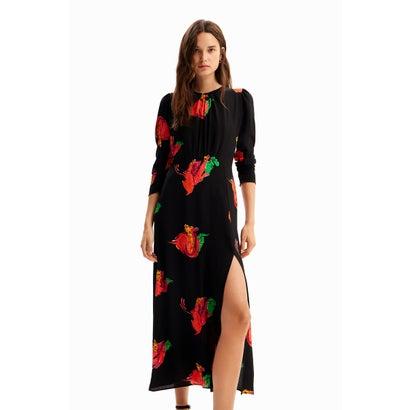Desigual デシグアル スリット 花柄 ロングワンピース （グレー 