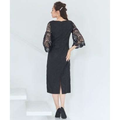 ドレスプラス DRESS+ レース七分袖×ダマスク柄ワンピースドレス結婚式ワンピース・お呼ばれパーティードレス （ブラック） | DRESS+ | 01