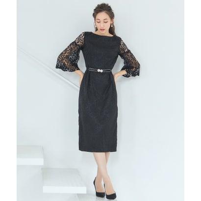 ドレスプラス DRESS+ レース七分袖×ダマスク柄ワンピースドレス結婚式ワンピース・お呼ばれパーティードレス （ブラック） | DRESS+ | 02