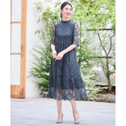 美品　ebure 千鳥格子　レーススタンドカラーワンピース DRESS+（ドレスプラス） レーススタンドカラーワンピースドレス