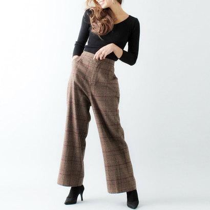 ジュノア Junoah グレンチェックツイードワイドパンツ ブラウン