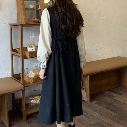 ジュノア JUNOAH パフスリーブドッキングワンピース 韓国ファッション （ブラック）｜locondo-shopping｜04