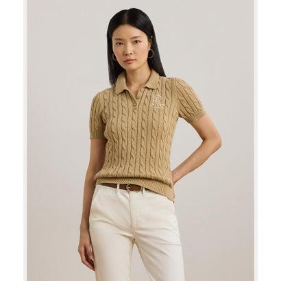 ラルフローレン　コットン　ケーブルニット　ポロマーク　半袖セーターブラウン ローレン ラルフ LAUREN RALPH ケーブルニット コットン ポロ セーター