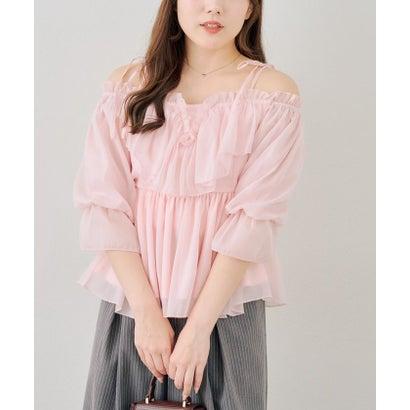 GOLDS♡フロントラッフルフリル♡肩出しオフショルトップス♡ブラック×ピンク NICE CLAUP（ナイスクラップ） 【continuer】フロントフリルオフショル