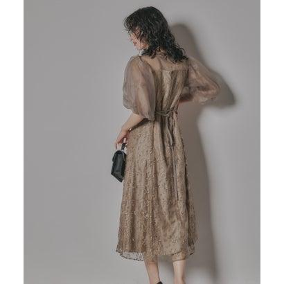 シアーパフスリーブ刺繍レースドレス モカ niana（ニアナ） 【低身長用