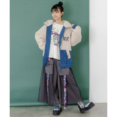 スカラー ネコ刺繍ボア×デニム異素材切替ブルゾン ベージュ×ブルー ScoLar ブルゾン アウター ScoLar(スカラー) ネコ刺繍ボア×デニム異