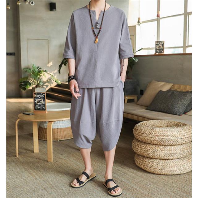 綿麻セットアップ メンズ 大きいサイズ 上下セット リネン 夏 半袖