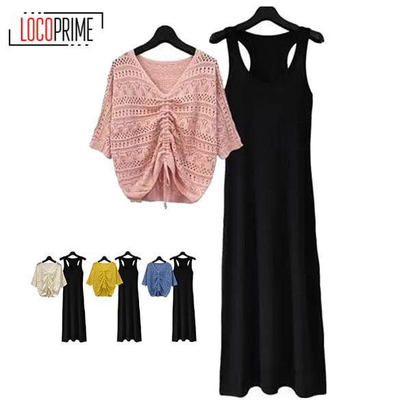 セットアップ レディース ニット カーディガン カットソー ノースリーブ ワンピース マキシワンピース 重ね着 上下セット 可愛い 体型カバー 着痩せ venus Loco Prime 通販 Yahoo ショッピング
