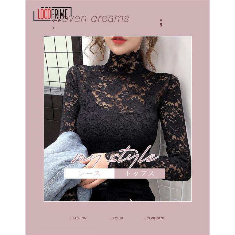&ellecy　レース素材 長袖トップス 黒 赤プリント 総レース トップス レース ブラウス インナー 長袖 ハイネック