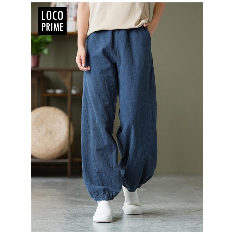 【美品】 登美 群言堂 リネンワイドパンツ サルエルパンツ ブルー FREE 送料無料 リネンパンツ ワイドパンツ レディース テーパード