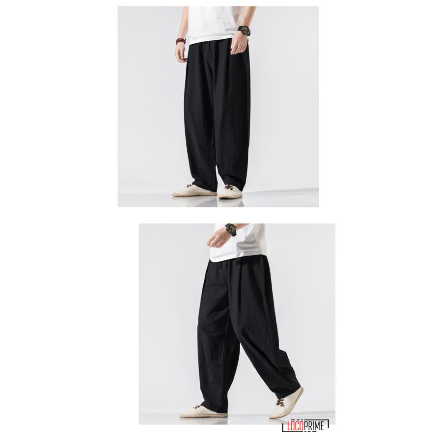 ワイドパンツ 綿麻 リネンパンツ メンズ 無地 サルエルパンツ 夏ズボン