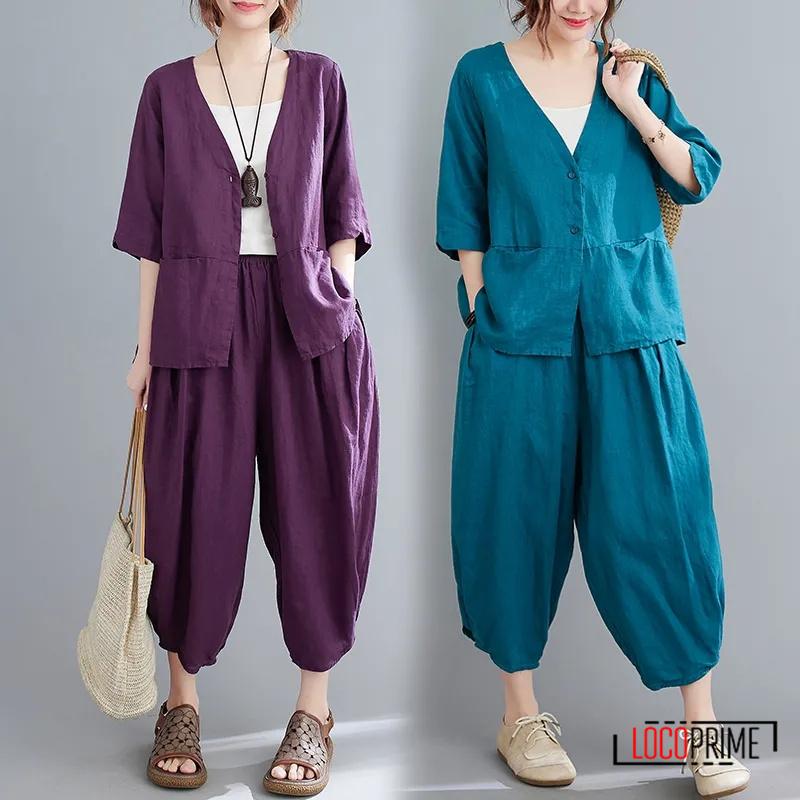 セットアップ レディース 綿麻 綿混 リンネ 無地 吸汗速乾 ロングパンツ ワンピース 部屋着 上下セット 通気性 カジュアル 夏 大きいサイズ 30代 40代 50代 く日はお得