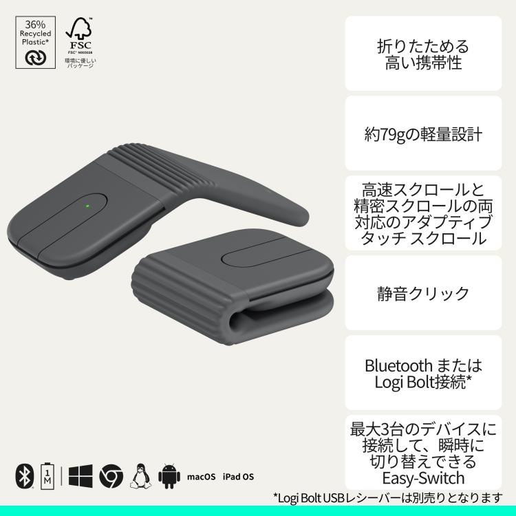 ワイヤレスマウス 折りたたみ式 ロジクール Mobi Fold MF900 静音 軽量 小型 無線 高速スクロール Bluetooth Logi Bolt MF900GRda 国内正規品 1年間無償保証 | logicool | 01