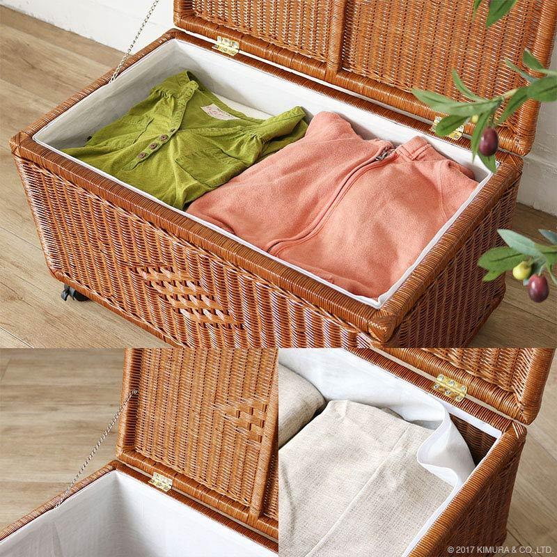 脱衣かご おしゃれ ラタン 藤 収納バスケット ふた付き キャスター