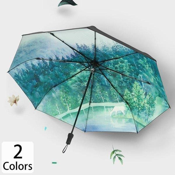国産品 晴雨兼用 傘 可愛い レディース New Abt65 気品 二つ折り 涼し気 幻想的 絵画 フォレスト 森 動物 鹿 軽量 おしゃれ ジャンプ 折り畳み傘 折りたたみ傘 晴雨兼用傘 サイズ 1 Size Www We Job Com