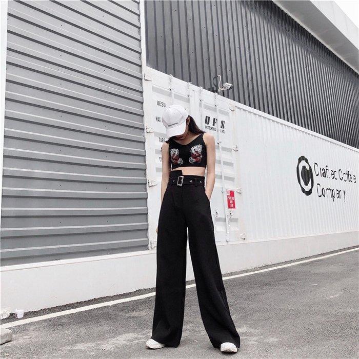 ブランド雑貨総合 レディース 黒 ワイドパンツ ファッション New ハイウエスト ストレート ダンス 衣装 ベルト付き ヒップホップ 韓国ファッション 個性的 服 Materialworldblog Com