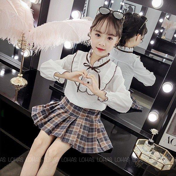 セットアップ キッズ 子供服 女の子 長袖 春秋 2点セット 上下セット トップス シャツ ブラウス ミニスカート チェック柄 ジュニア おしゃれ 可愛い 150cm シャツ ブラウス カラー カーキ Vest Doctum Edu Br
