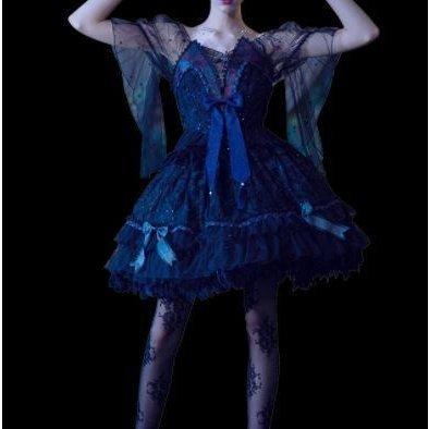 春夏 春秋 ドレスワンピース 半袖 パフスリーブ クラシカル クラシカル クラロリ リボン 姫ロリ バックオープン パフスリーブ リボン バレリーナ ワンピースのみ レースアップ ビジュー パール Lo Lohas Hal Shop