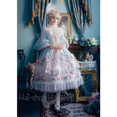 パーティドレス ワンピース クラシカル ロリータ ミディアム パニエ付き ブルー ピンク エレガント かわいい 華やか フリル たっぷりフリル クラロリ クラシカル フリル エレガント Lolit Lohas Hal Shop 姫ロリ ハ