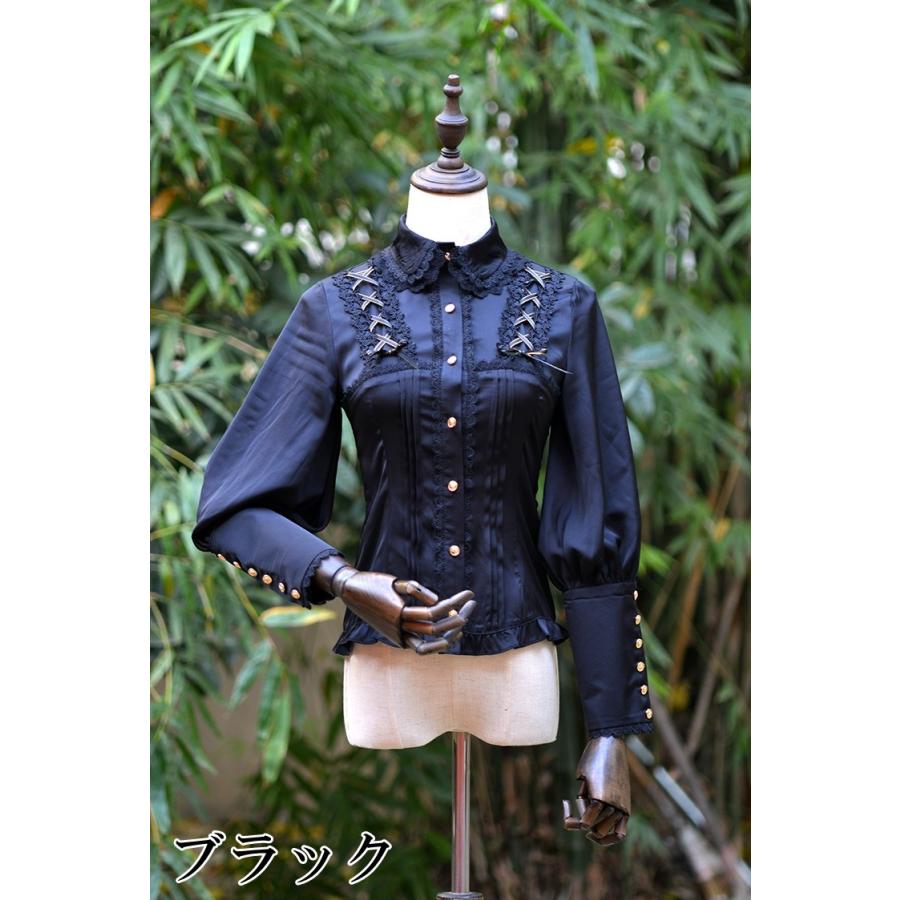 ロリータ ブラウス フリル シャーリング 長袖 パフスリーブ ゴスロリ ネイビー 即納 現品限り】ロリータ服 ブラウス フリル シャーリング 長袖
