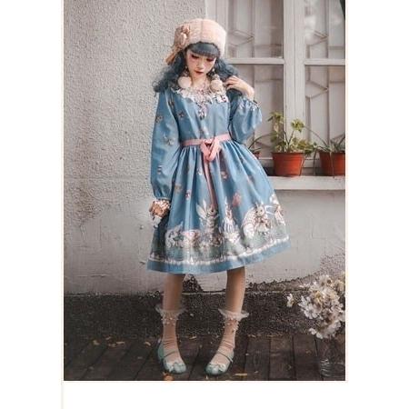 ロリータ ウサギ 猫 デザイン 長袖ワンピース 膝丈 甘ロリ お庭 グレー ピンク リボン カジュアル レース 襟 プリント Loli Luxury ラグジュアリ 通販 Yahoo ショッピング