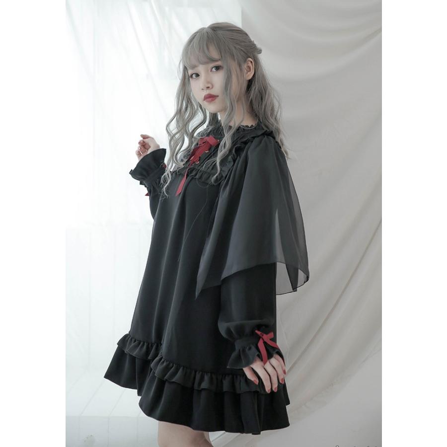 シフォンケープ付き ワンピース ケープ取り外し可能 ワンピースのみ レディース スモック フリル ロリータ服 甘ロリ ゴスロリ