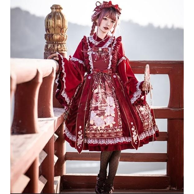 ロリータ 鳥籠 デザイン 華ロリ ブラウスとジャンパースカート セットアップ レッド ブルー 長袖 姫袖 リボン 膝丈ワンピース 中華ロリ Loli Luxury ラグジュアリ 通販 Yahoo ショッピング
