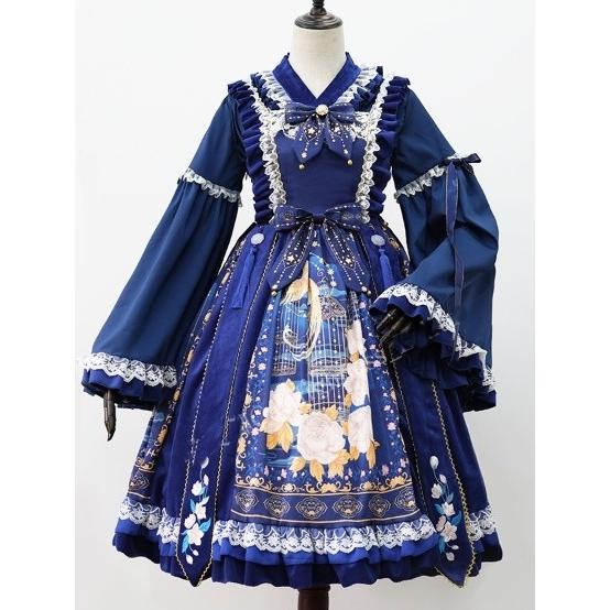 ロリータ 鳥籠 デザイン 華ロリ ブラウスとジャンパースカート セットアップ レッド ブルー 長袖 姫袖 リボン 膝丈ワンピース 中華ロリ Loli Luxury ラグジュアリ 通販 Yahoo ショッピング
