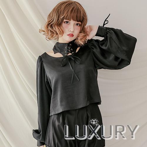 チョーカー風襟付き ブラウス 長袖 レディース ロリータ服 ゴスロリ 黒ロリ 暗黒系 原宿系 レースアップ 編み上げ リボン