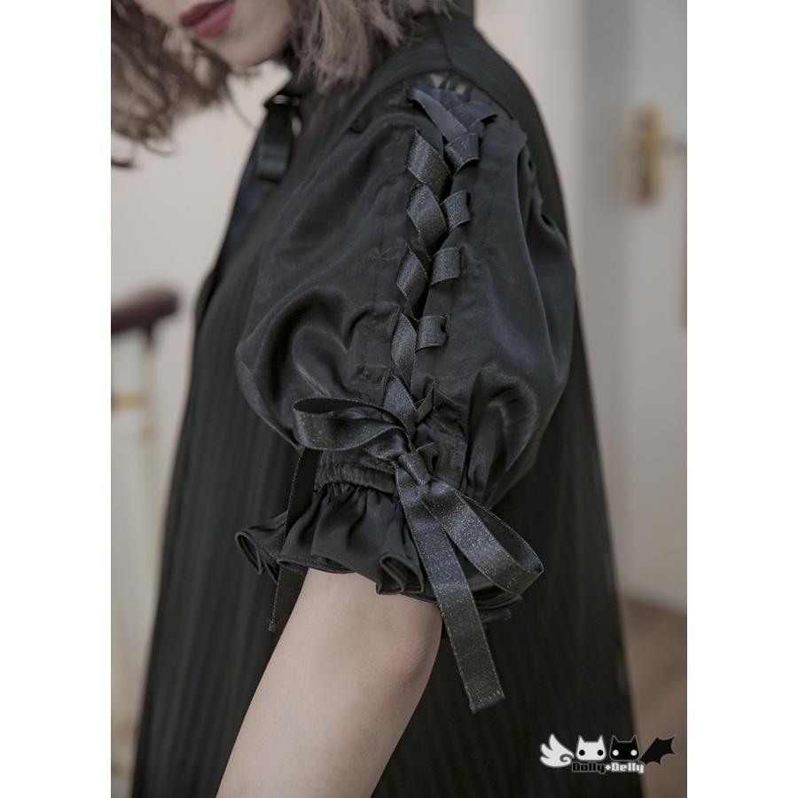 ロリータ服 ロリータファッション Dolly Delly お袖 編み上げ 半袖 クルーネック 膝丈ワンピース ロングワンピース ストライプ リボン カ_2